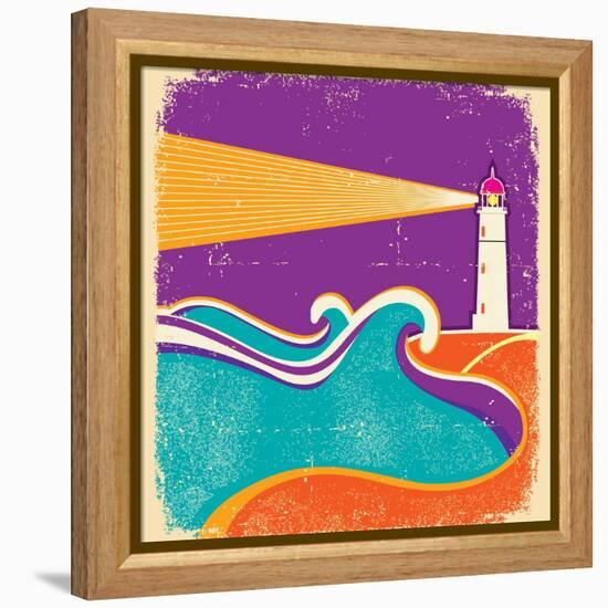 Seascape Horizon With Lighthouse On Grunge Paper Texture-GeraKTV-Framed Stretched Canvas