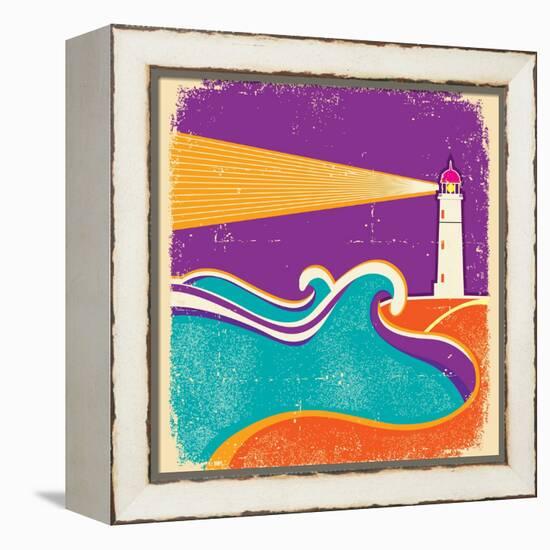 Seascape Horizon With Lighthouse On Grunge Paper Texture-GeraKTV-Framed Stretched Canvas