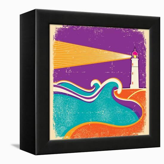 Seascape Horizon With Lighthouse On Grunge Paper Texture-GeraKTV-Framed Stretched Canvas