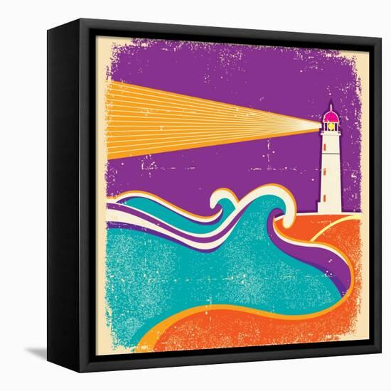 Seascape Horizon With Lighthouse On Grunge Paper Texture-GeraKTV-Framed Stretched Canvas