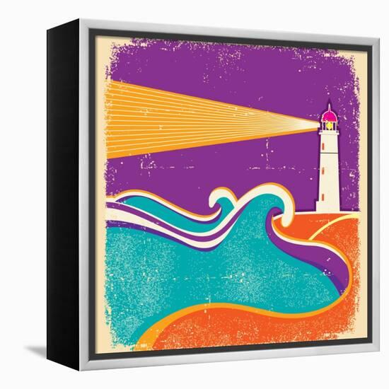 Seascape Horizon With Lighthouse On Grunge Paper Texture-GeraKTV-Framed Stretched Canvas