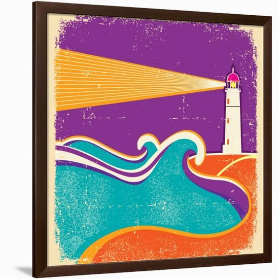 Seascape Horizon With Lighthouse On Grunge Paper Texture-GeraKTV-Framed Art Print