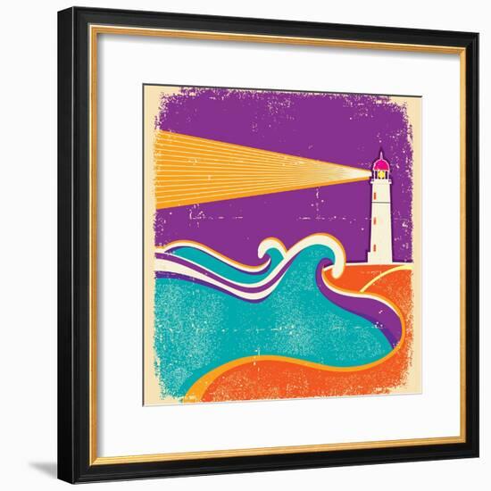 Seascape Horizon With Lighthouse On Grunge Paper Texture-GeraKTV-Framed Premium Giclee Print