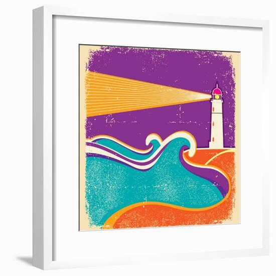 Seascape Horizon With Lighthouse On Grunge Paper Texture-GeraKTV-Framed Premium Giclee Print