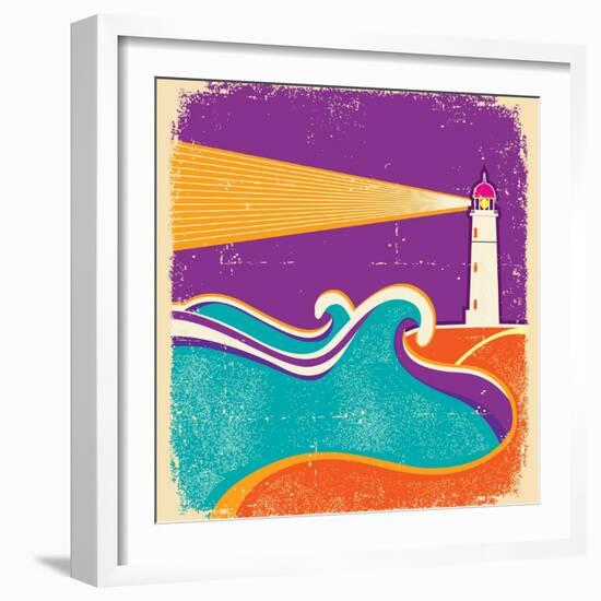 Seascape Horizon With Lighthouse On Grunge Paper Texture-GeraKTV-Framed Premium Giclee Print