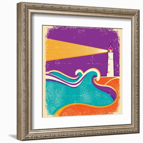 Seascape Horizon With Lighthouse On Grunge Paper Texture-GeraKTV-Framed Art Print