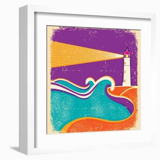 Seascape Horizon With Lighthouse On Grunge Paper Texture-GeraKTV-Framed Art Print