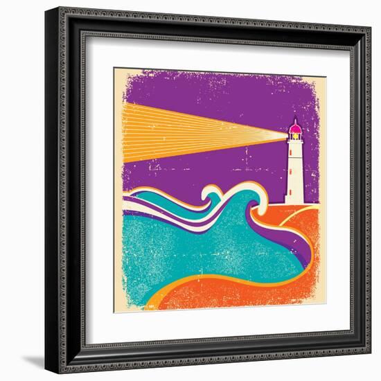 Seascape Horizon With Lighthouse On Grunge Paper Texture-GeraKTV-Framed Art Print