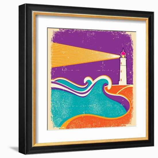 Seascape Horizon With Lighthouse On Grunge Paper Texture-GeraKTV-Framed Art Print