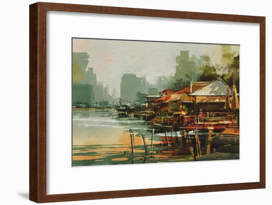 Seascape Painting Showing Old Fishing Village,Watercolor Style-Tithi Luadthong-Framed Art Print