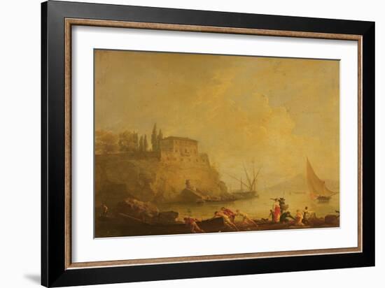 Seascape, Sun Set: Fishermen Pushing out a Boat-Claude Joseph Vernet-Framed Giclee Print
