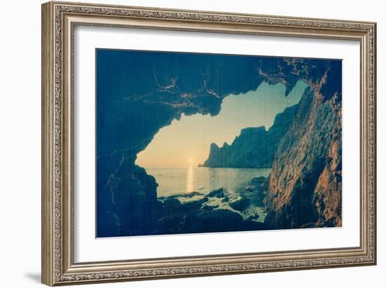 Seascape. View from the Grotto at Beautiful Sunset. Rocks at Sea. Peninsula Crimea, the Black Sea.-Kotenko-Framed Photographic Print