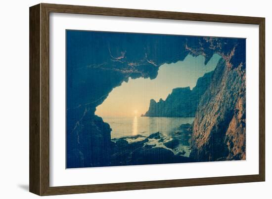 Seascape. View from the Grotto at Beautiful Sunset. Rocks at Sea. Peninsula Crimea, the Black Sea.-Kotenko-Framed Photographic Print