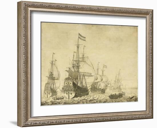 Seascape with Dutch Men-of-War including the 'Drenthe' and the 'Prince Frederick-Henry', c.1670-Willem Van De, The Younger Velde-Framed Giclee Print