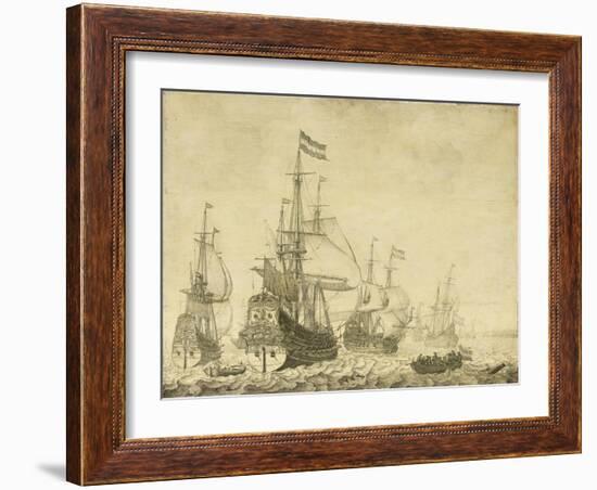 Seascape with Dutch Men-of-War including the 'Drenthe' and the 'Prince Frederick-Henry', c.1670-Willem Van De, The Younger Velde-Framed Giclee Print