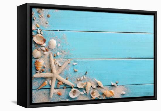 Seashells on Wooden Background-Liang Zhang-Framed Premier Image Canvas