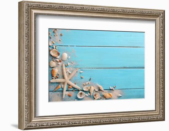 Seashells on Wooden Background-Liang Zhang-Framed Photographic Print