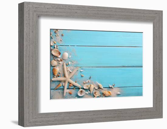 Seashells on Wooden Background-Liang Zhang-Framed Photographic Print