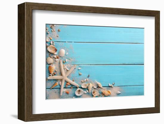 Seashells on Wooden Background-Liang Zhang-Framed Photographic Print