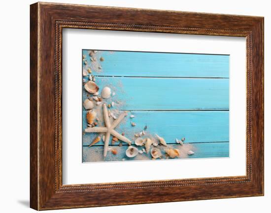 Seashells on Wooden Background-Liang Zhang-Framed Photographic Print