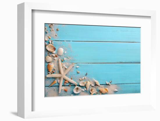 Seashells on Wooden Background-Liang Zhang-Framed Photographic Print