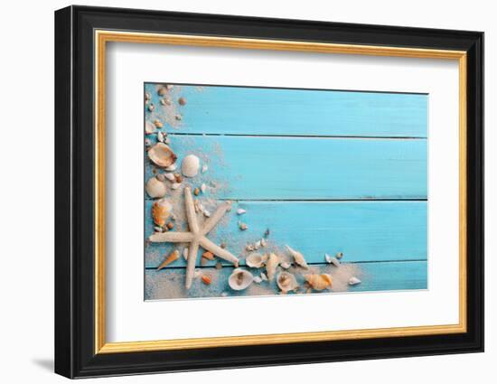 Seashells on Wooden Background-Liang Zhang-Framed Photographic Print