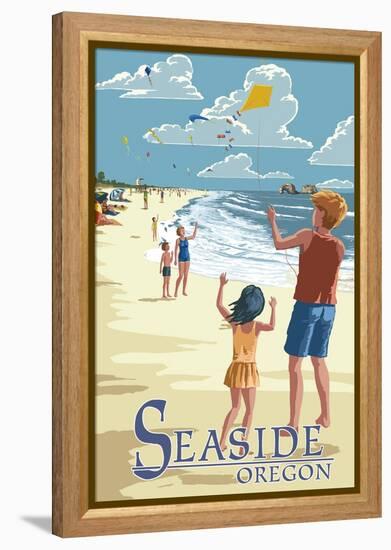 Seaside, Oregon - Kite Flyers-Lantern Press-Framed Stretched Canvas