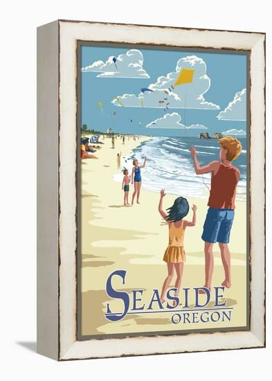 Seaside, Oregon - Kite Flyers-Lantern Press-Framed Stretched Canvas