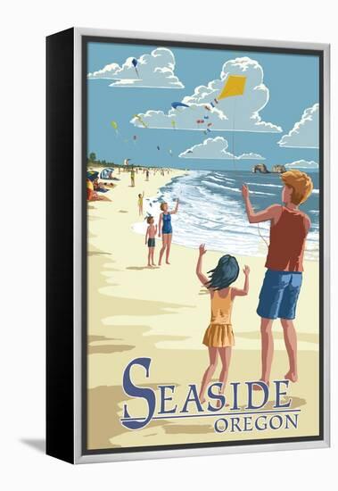 Seaside, Oregon - Kite Flyers-Lantern Press-Framed Stretched Canvas