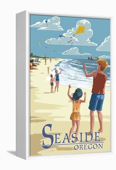 Seaside, Oregon - Kite Flyers-Lantern Press-Framed Stretched Canvas