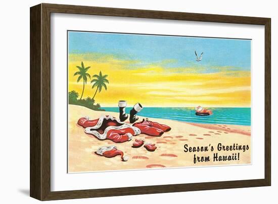 Season's Greetings from Hawaii, Santa's Clothes on Beach-null-Framed Art Print