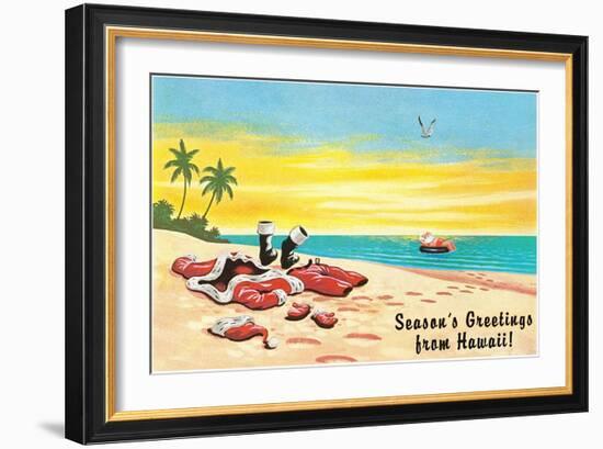 Season's Greetings from Hawaii, Santa's Clothes on Beach-null-Framed Art Print