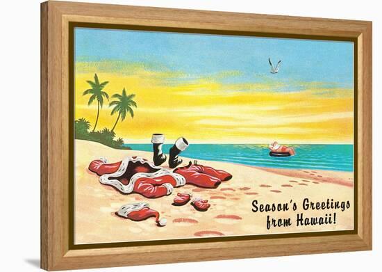 Season's Greetings from Hawaii, Santa's Clothes on Beach-null-Framed Stretched Canvas