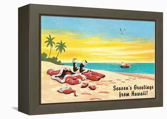 Season's Greetings from Hawaii, Santa's Clothes on Beach-null-Framed Stretched Canvas