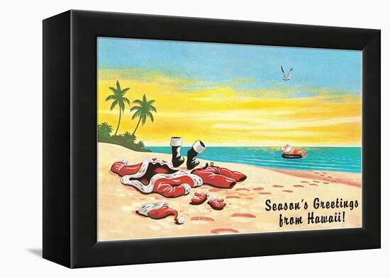 Season's Greetings from Hawaii, Santa's Clothes on Beach-null-Framed Stretched Canvas