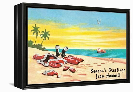 Season's Greetings from Hawaii, Santa's Clothes on Beach-null-Framed Stretched Canvas