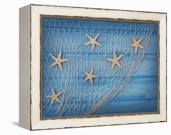 Seastars on the Fishing Net on a Blue Background-egal-Framed Premier Image Canvas