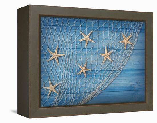 Seastars on the Fishing Net on a Blue Background-egal-Framed Premier Image Canvas