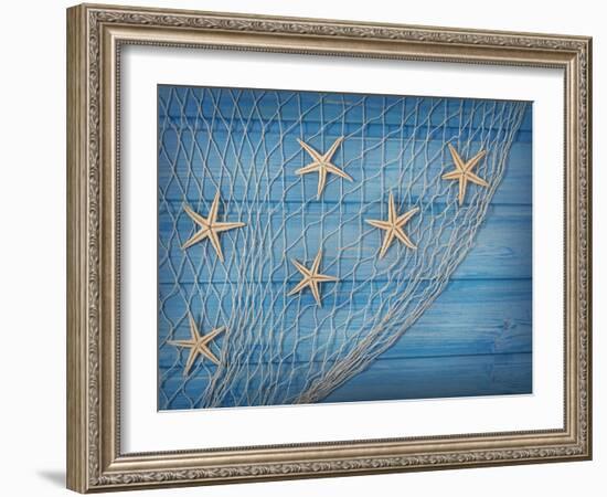 Seastars on the Fishing Net on a Blue Background-egal-Framed Photographic Print