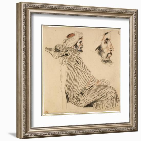 Seated Arab, a Chalk Drawing with Watercolour-Eugene Delacroix-Framed Art Print