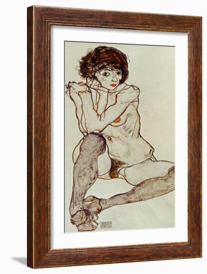 Seated Female Nude, Elbows Resting on Right Knee, 1914-Egon Schiele-Framed Giclee Print