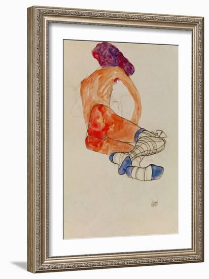 Seated Female Nude with Blue Garter, Back View, 1910-Egon Schiele-Framed Giclee Print