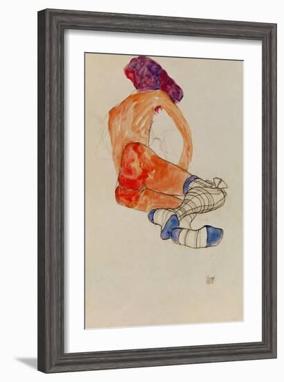 Seated Female Nude with Blue Garter, Back View, 1910-Egon Schiele-Framed Giclee Print