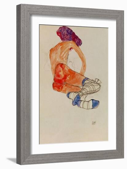 Seated Female Nude with Blue Garter, Back View, 1910-Egon Schiele-Framed Giclee Print
