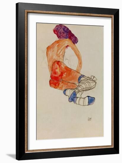 Seated Female Nude with Blue Garter, Back View, 1910-Egon Schiele-Framed Giclee Print