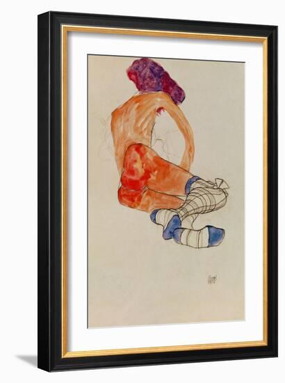 Seated Female Nude with Blue Garter, Back View, 1910-Egon Schiele-Framed Giclee Print