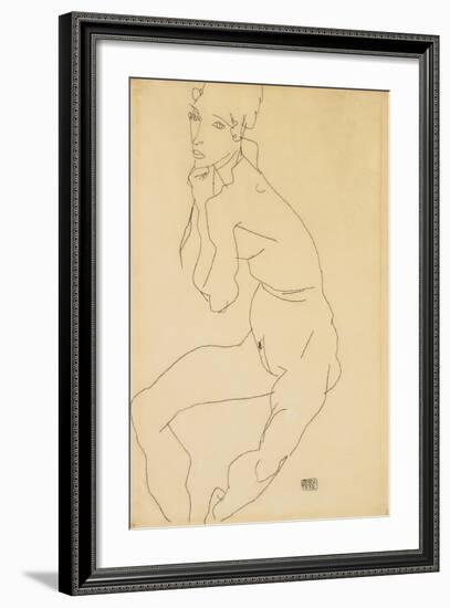 Seated Female Nude with Hand on Chin, 1914-Egon Schiele-Framed Giclee Print