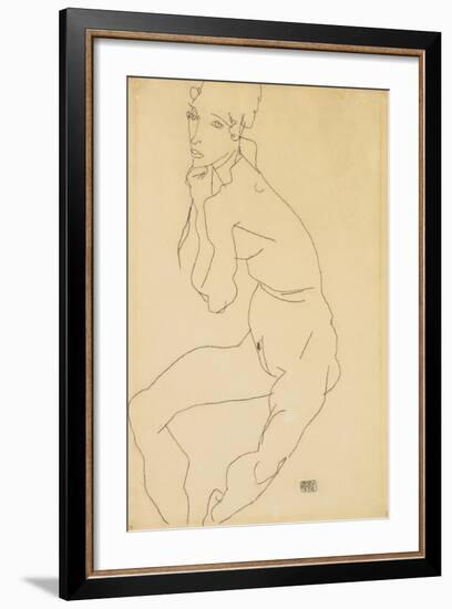 Seated Female Nude with Hand on Chin, 1914-Egon Schiele-Framed Giclee Print