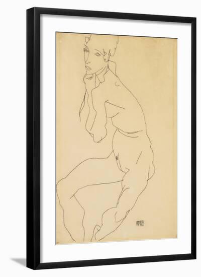 Seated Female Nude with Hand on Chin, 1914-Egon Schiele-Framed Giclee Print