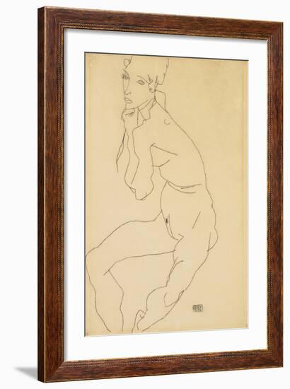 Seated Female Nude with Hand on Chin, 1914-Egon Schiele-Framed Giclee Print